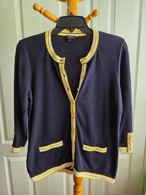 Talbots Women Navy Cardigan SP Blue Yellow‎ Nautical